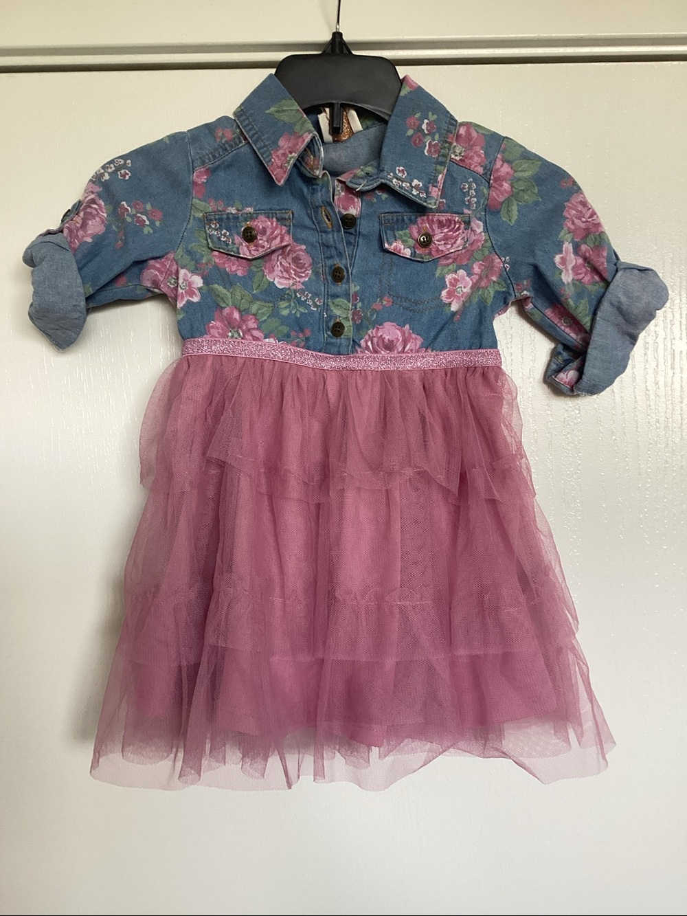 Pink & Violet Girls Floral Denim Top with Pink Tulle Skirt Dress